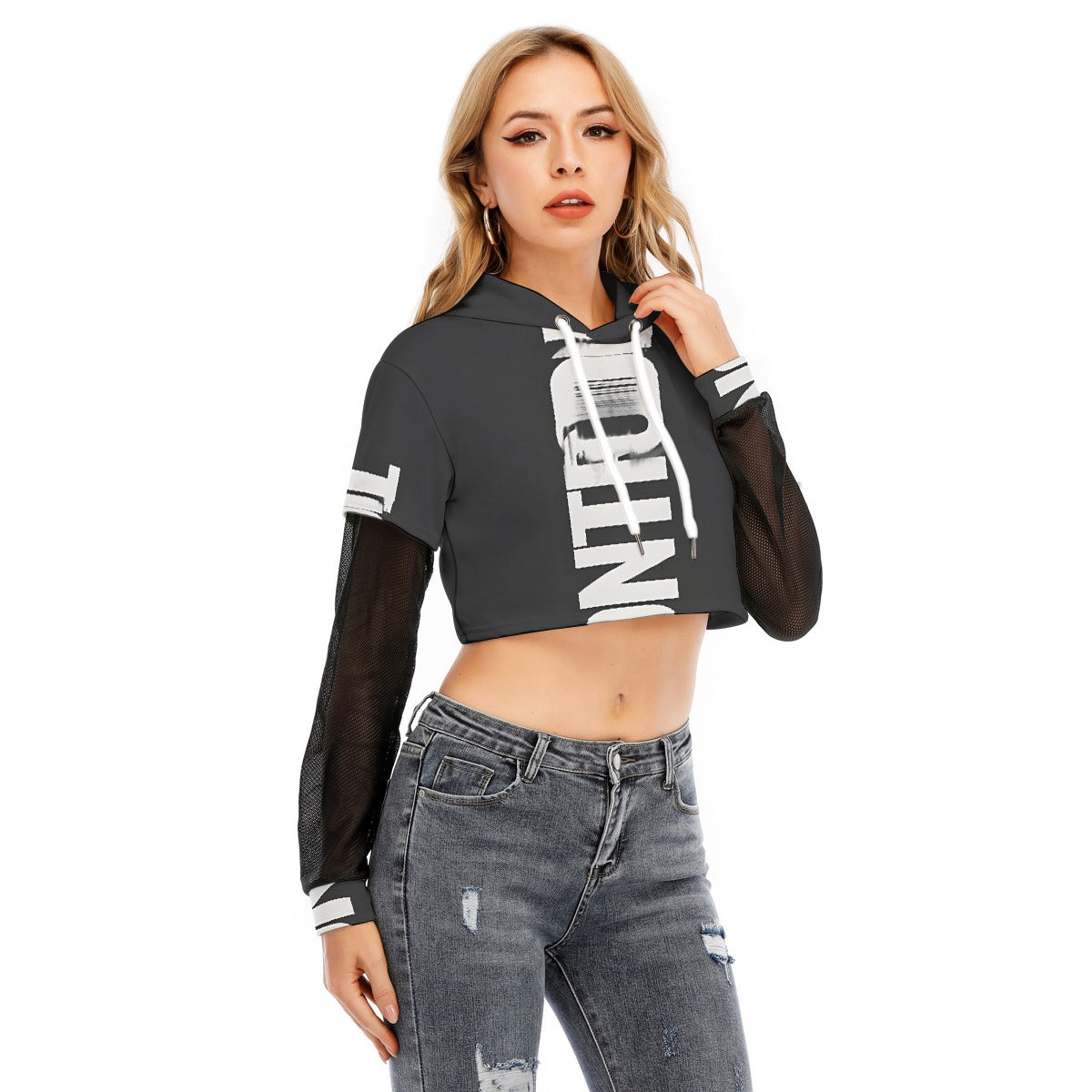 All-Over Print Women's Fake Two-piece Mesh Sleeve Cropped Hoodie