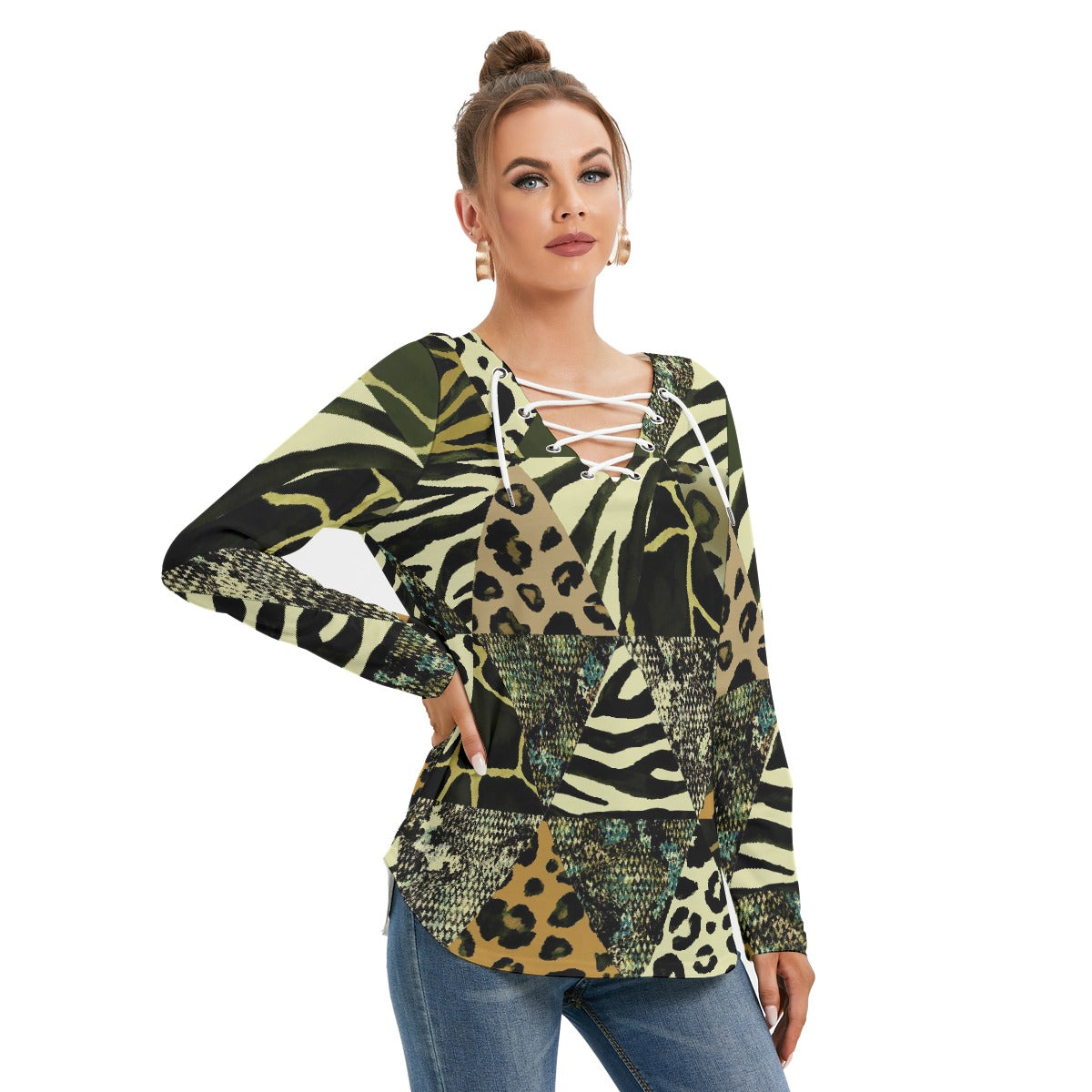 All-Over Print Women's Long Sleeve Neckline Tie Sweatshirt