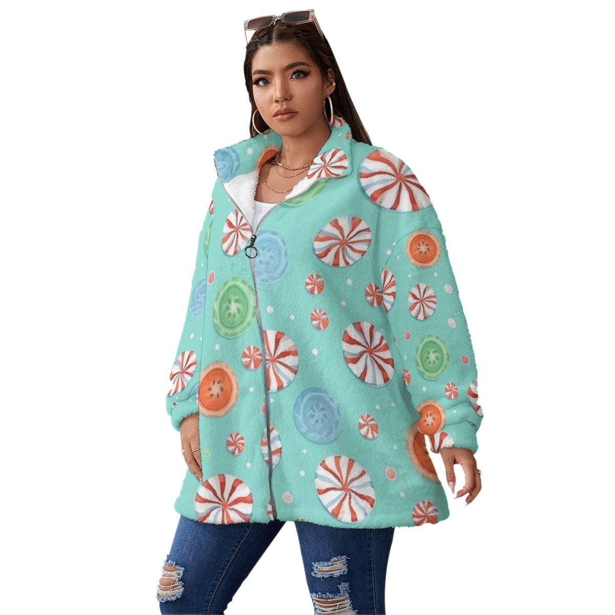 All-Over Print Unisex Borg Fleece Stand-up Collar Coat With Zipper Closure(Plus Size)