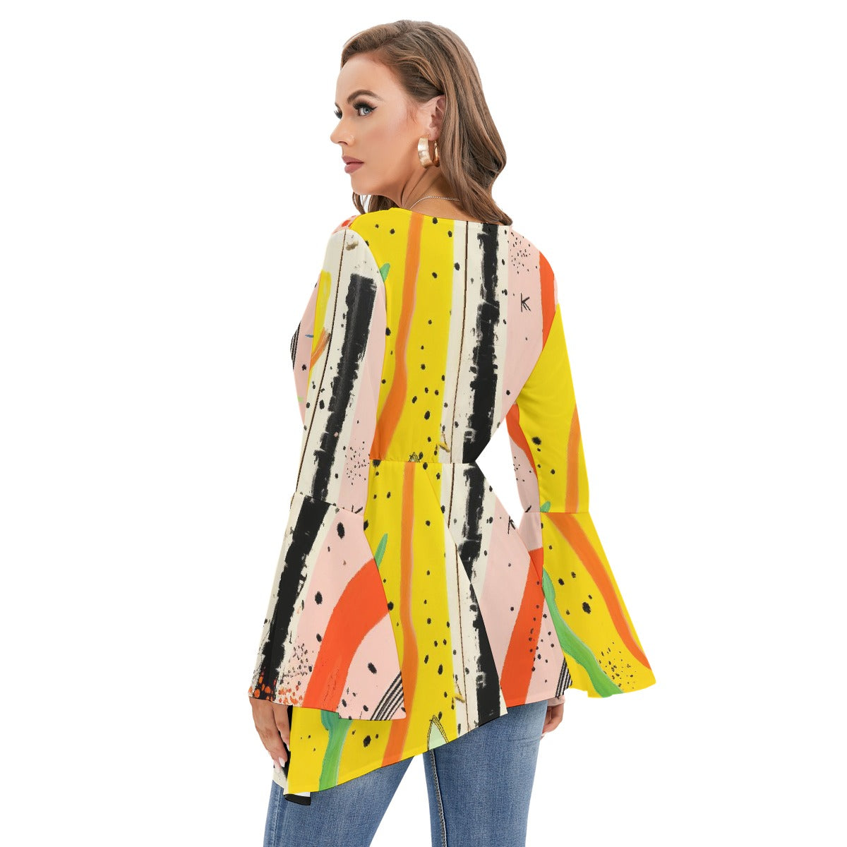 All-Over Print Women's V-neck Blouse With Flared Sleeves