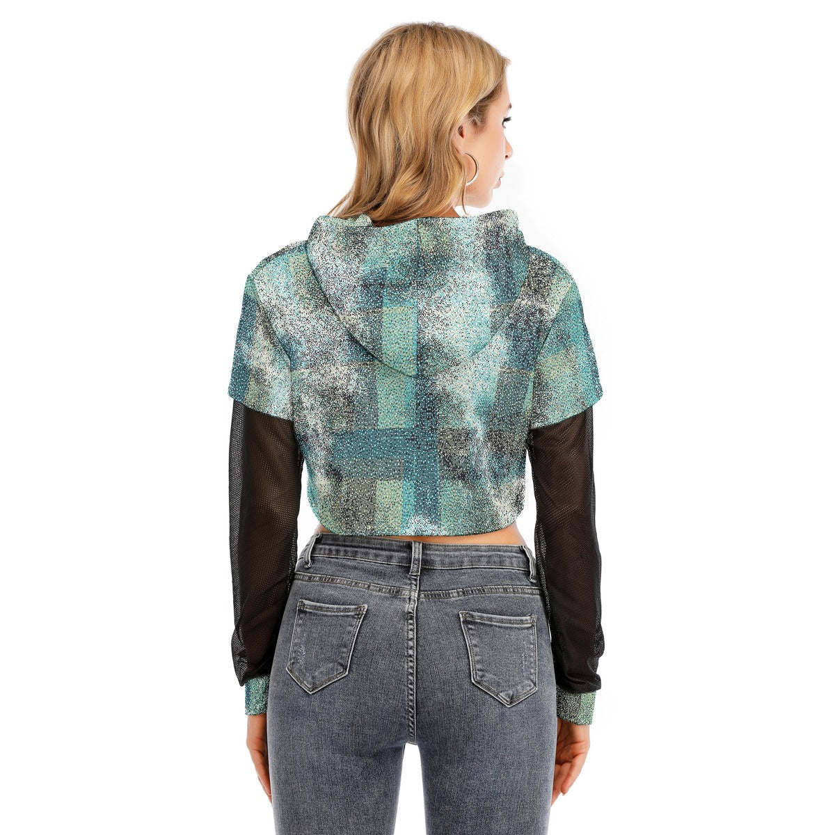 All-Over Print Women's Fake Two-piece Mesh Sleeve Cropped Hoodie