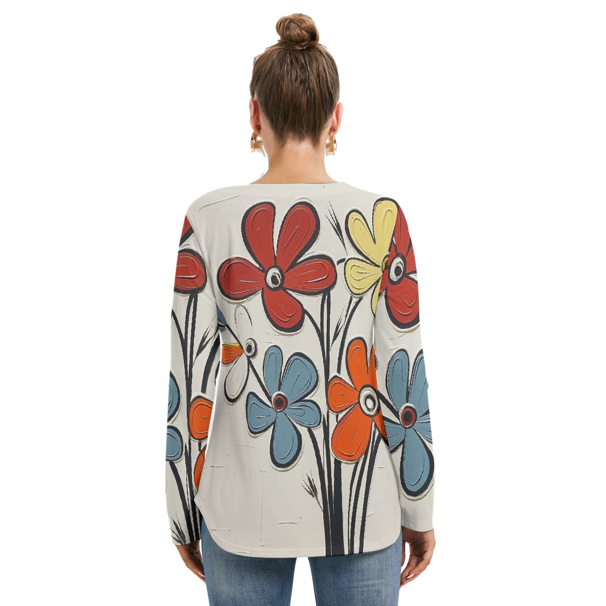 All-Over Print Women's Long Sleeve Neckline Tie Sweatshirt