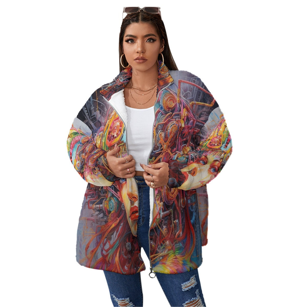 All-Over Print Unisex Borg Fleece Stand-up Collar Coat With Zipper Closure(Plus Size)