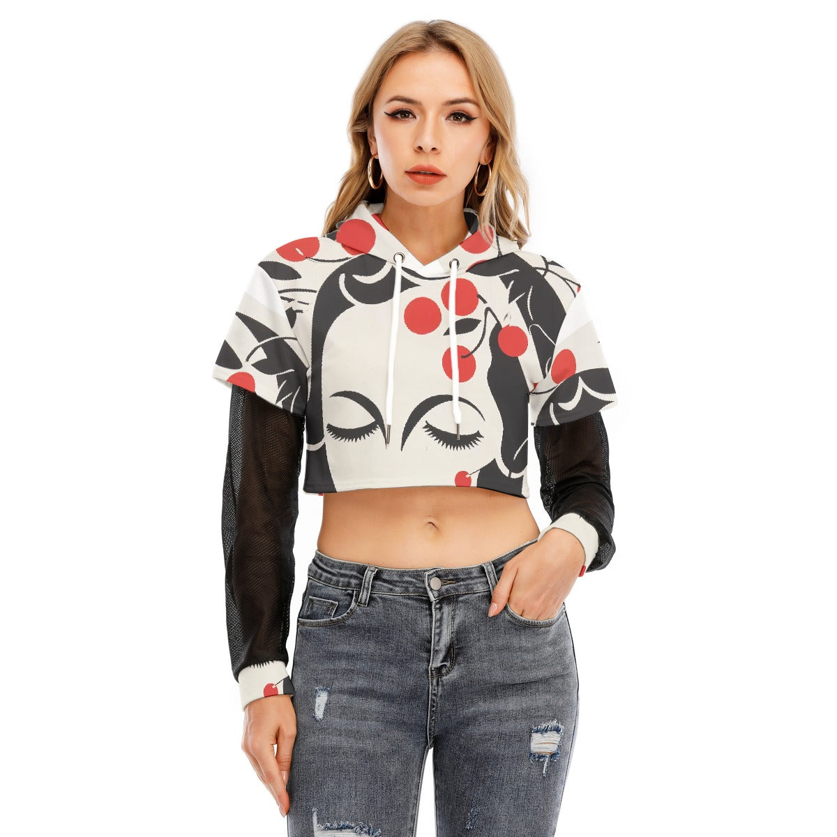 All-Over Print Women's Fake Two-piece Mesh Sleeve Cropped Hoodie