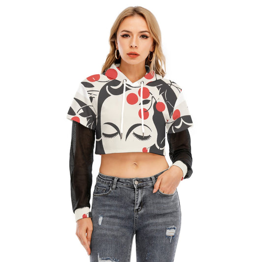 All-Over Print Women's Fake Two-piece Mesh Sleeve Cropped Hoodie