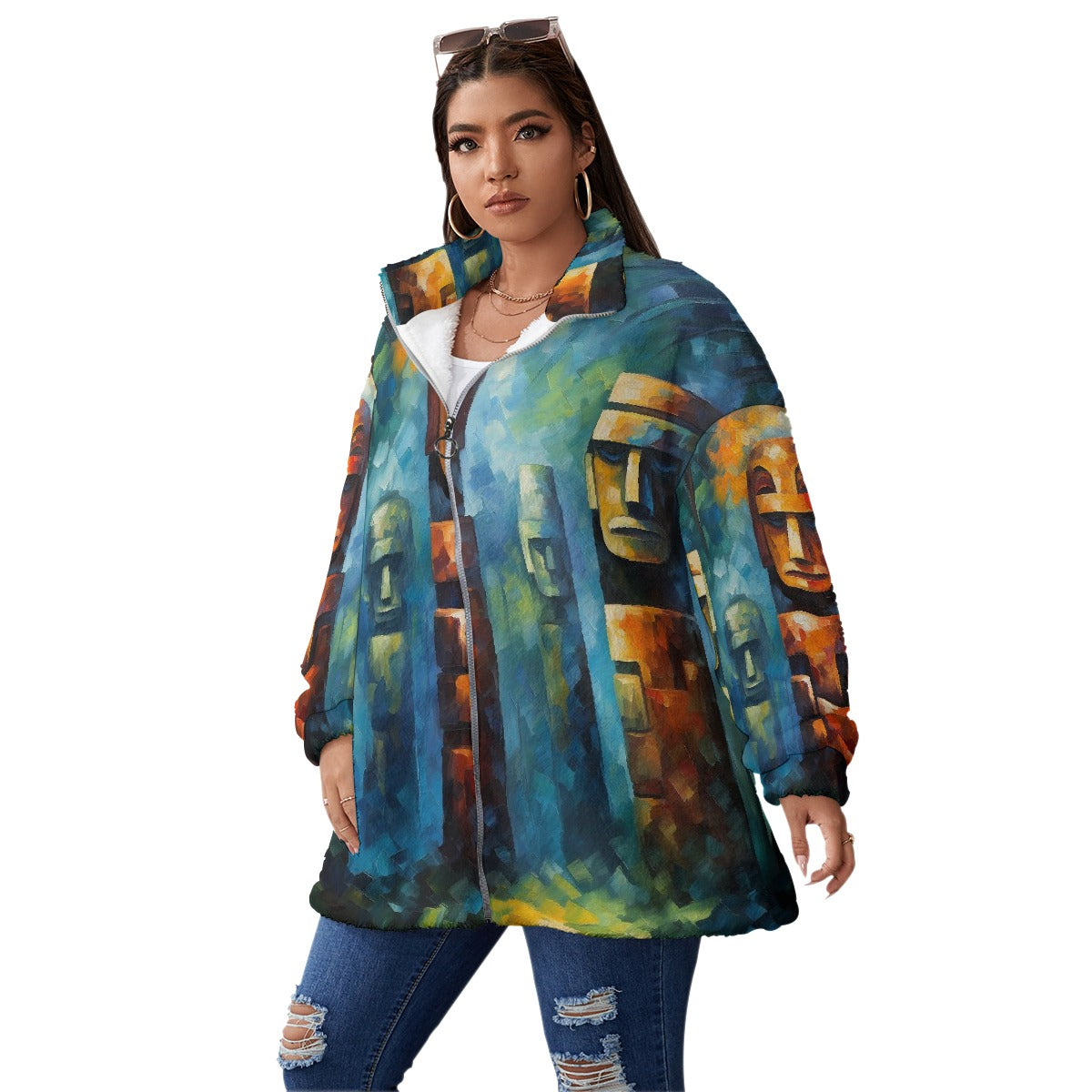 All-Over Print Unisex Borg Fleece Stand-up Collar Coat With Zipper Closure(Plus Size)