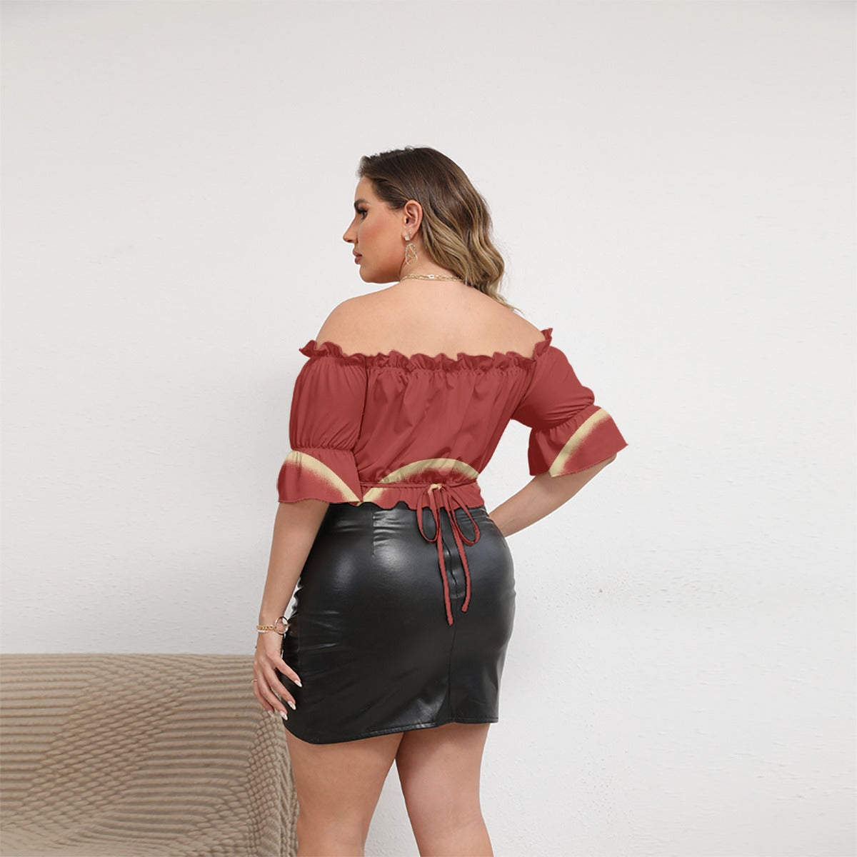 All-Over Print Women's Off-shoulder Cropped Top With Short Puff Sleeve