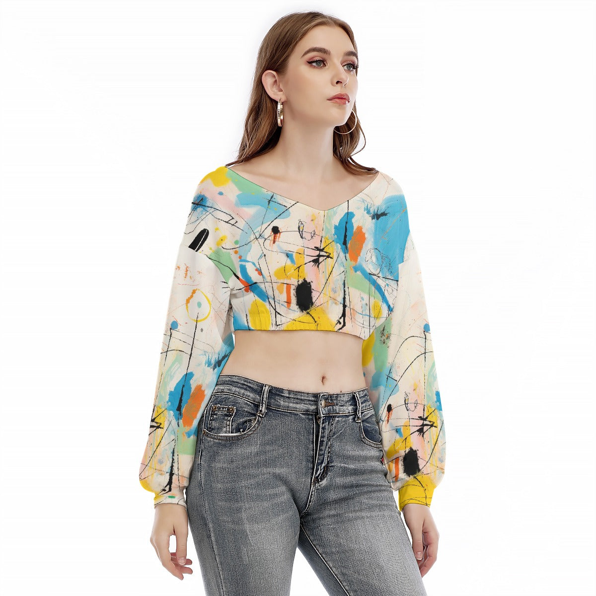 All-Over Print Women's V-neck Long Sleeve Cropped Sweatshirt