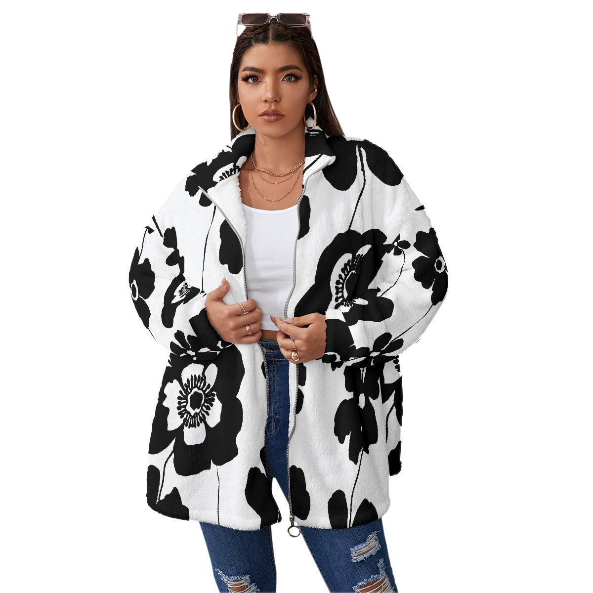 All-Over Print Unisex Borg Fleece Stand-up Collar Coat With Zipper Closure(Plus Size)
