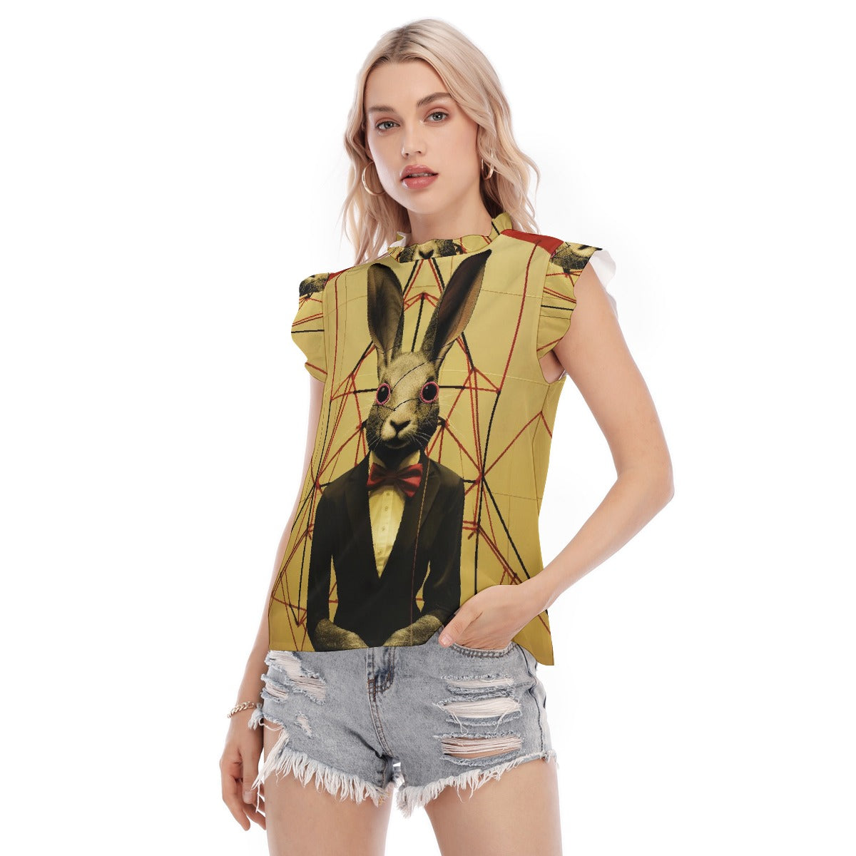 All-Over Print Women's Blouse With Ruffle Collar And Sleeve