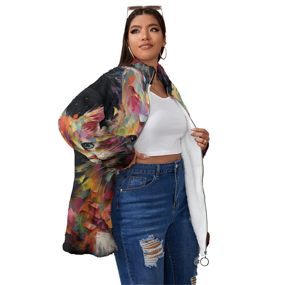 All-Over Print Unisex Borg Fleece Stand-up Collar Coat With Zipper Closure(Plus Size)