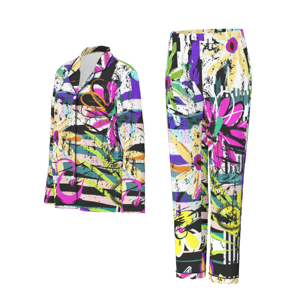 All-Over Print Women's Long Sleeve Pajama Set With Black Contrast Piping