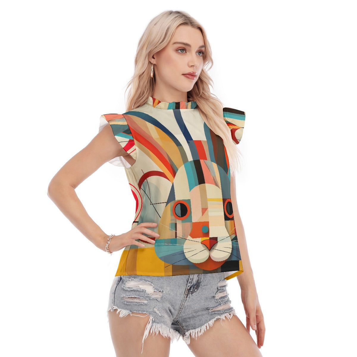 All-Over Print Women's Blouse With Ruffle Collar And Sleeve