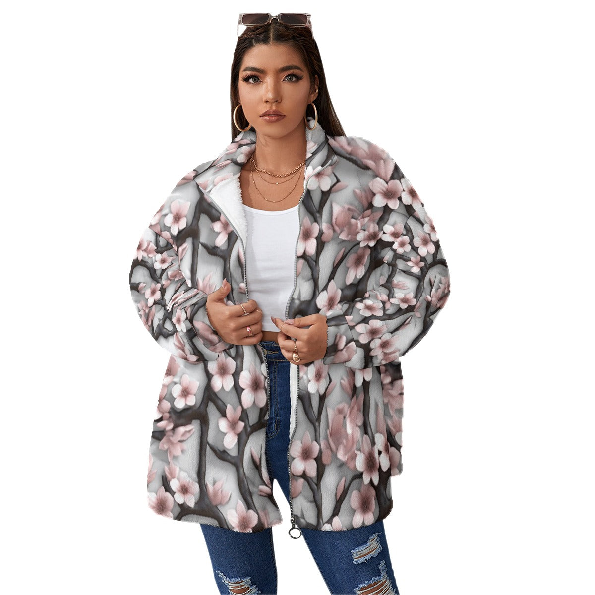 All-Over Print Unisex Borg Fleece Stand-up Collar Coat With Zipper Closure(Plus Size)