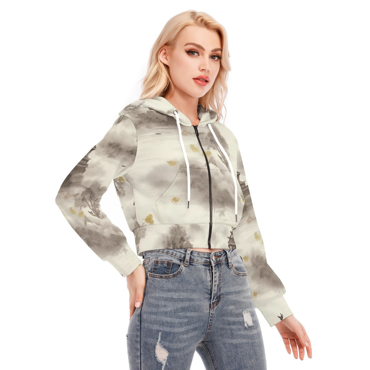All-Over Print Women's Crop Top Hoodie With Zipper Closure