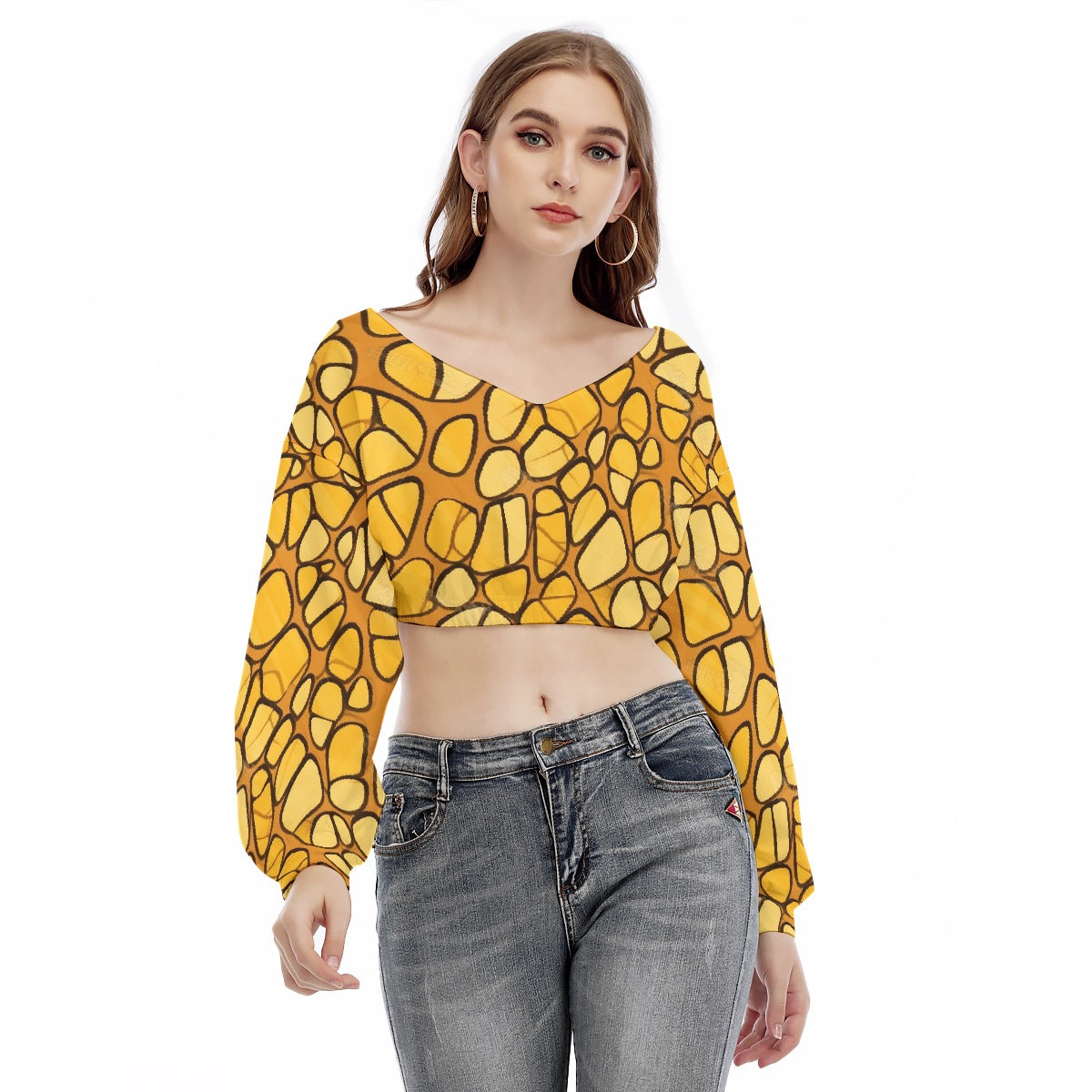 All-Over Print Women's V-neck Long Sleeve Cropped Sweatshirt